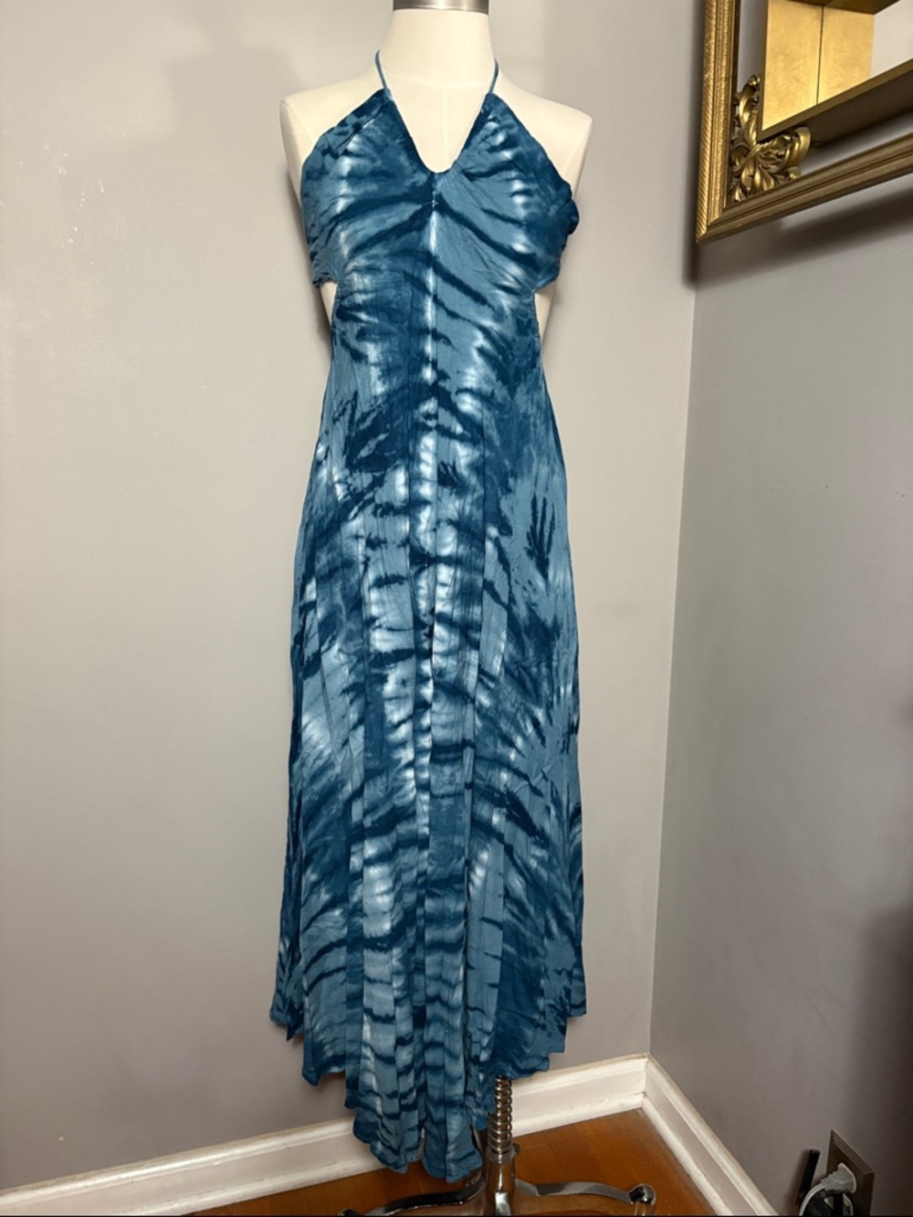 Tiare Hawaii Small Medium Blue Tie-Dye Halter Maxi Dress